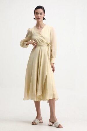 Rareism Women's Avsi Gold Polyester Wrap Neck Fit And Flare Plain Midi Dress