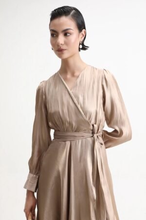 Rareism Women's Avsin Gold Polyester Wrap Neck Fit And Flare Plain Midi Dress