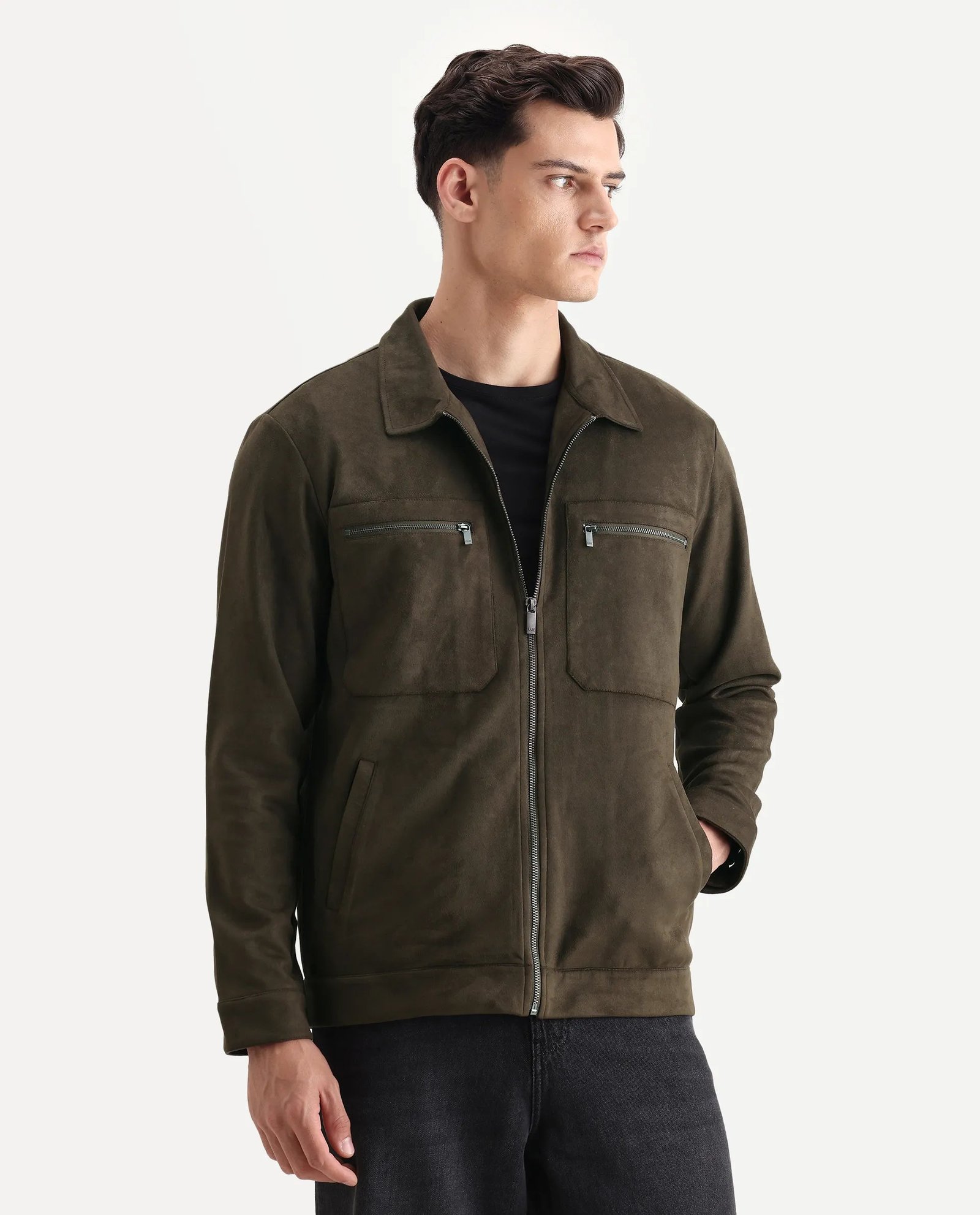 Rare Rabbit Men's Bax-25 Dark Olive Polyester Blend Plain Relaxed Fit Full Sleeve Spread Collar Jacket