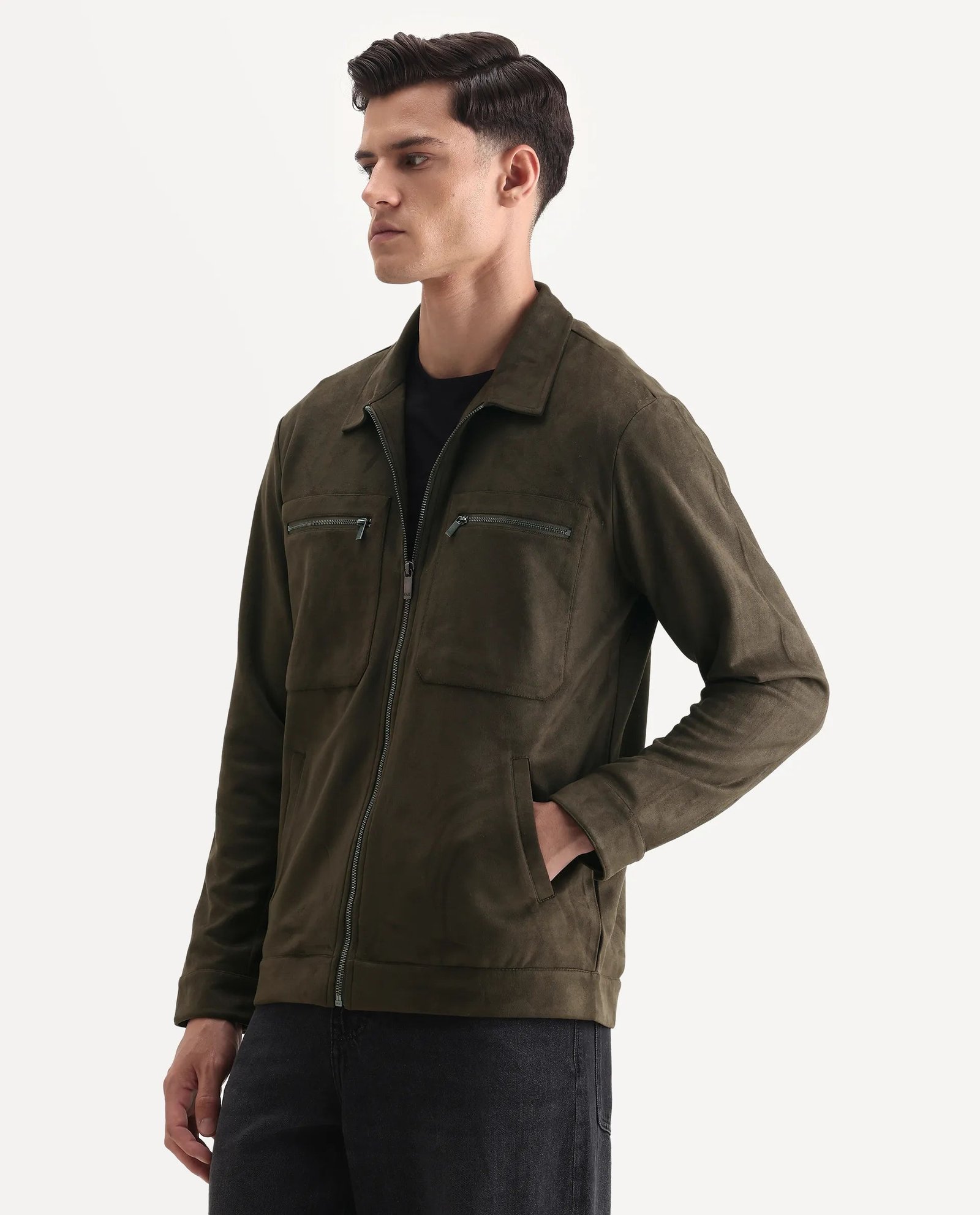 Rare Rabbit Men's Bax-25 Dark Olive Polyester Blend Plain Relaxed Fit Full Sleeve Spread Collar Jacket - Image 5