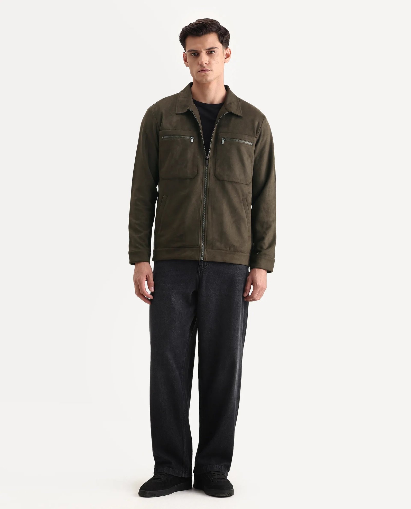 Rare Rabbit Men's Bax-25 Dark Olive Polyester Blend Plain Relaxed Fit Full Sleeve Spread Collar Jacket - Image 2