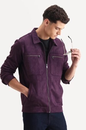 Rare Rabbit Men's Bax-25 Purple Polyester Blend Plain Relaxed Fit Full Sleeve Spread Collar Jacket