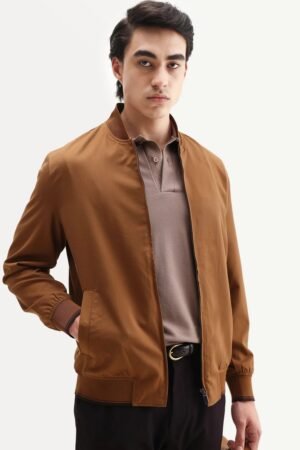 Rare Rabbit Men's Bomto Light Brown Polyester Blend Fabric High Neck Relaxed Plain Jacket