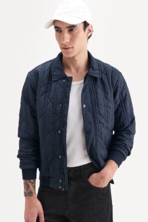 Rare Rabbit Men's Boscod Dark Navy Polyester Fabric Collared Neck Relaxed Geometric Print Jacket