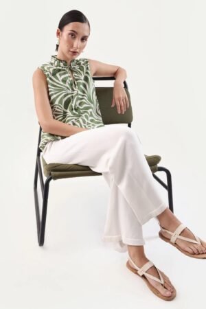 Rareism Women's Elcie Olive Cotton Mandarin Collar Regular Fit Top