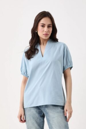Rareism Women's Eldee Blue Cotton V-Neck Regular Fit Plain Top