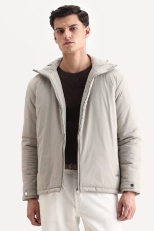 Rare Rabbit Men's Kost Light Grey Nylon Fabric High Neck Relaxed Plain Jacket