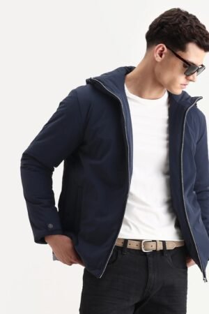 Rare Rabbit Men's Kost Navy Nylon Fabric High Neck Relaxed Fit Plain Jacket