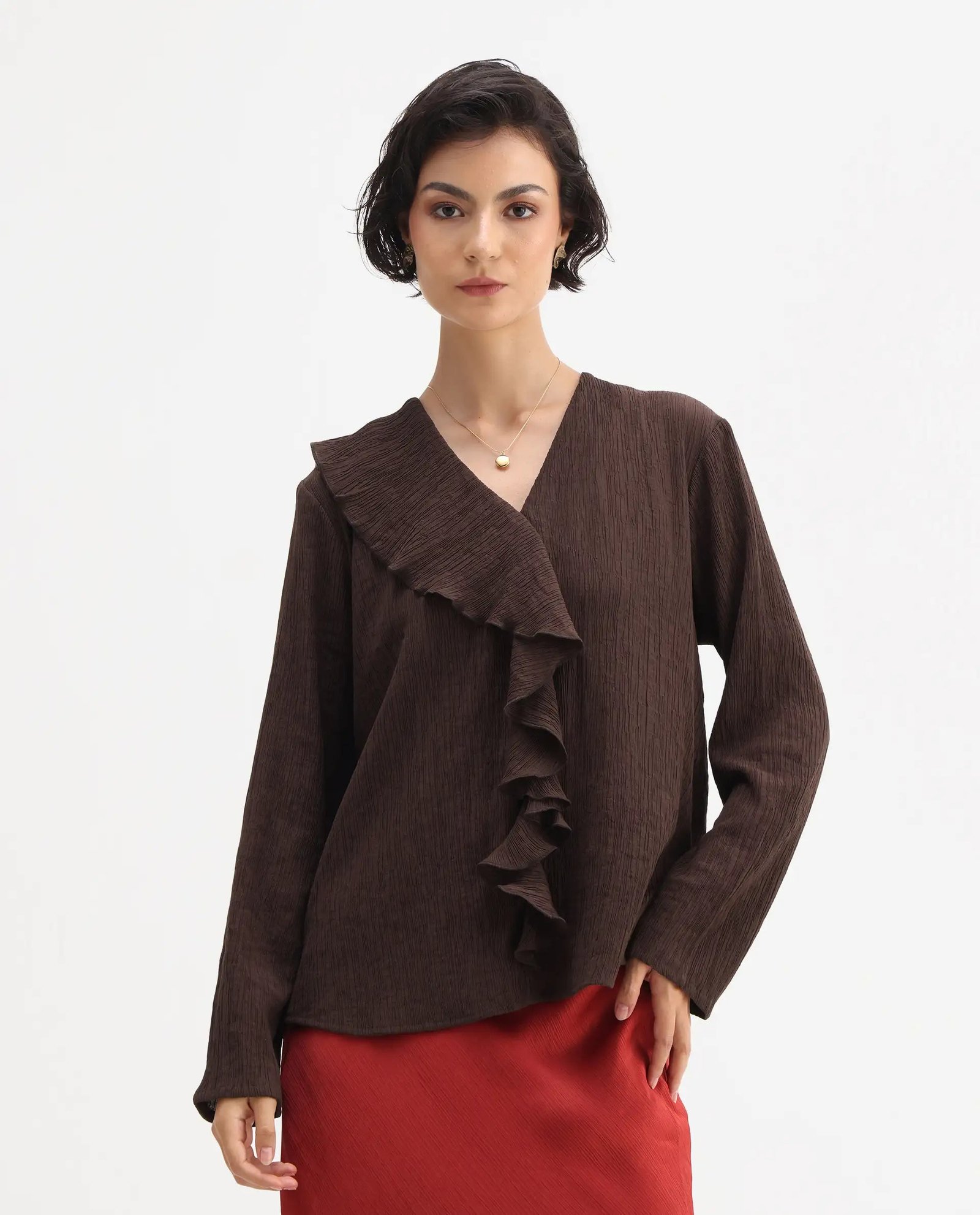 Rareism Women's Nemti-Brown Viscose Ruffled Neck Regular Fit Plain Top - Image 3