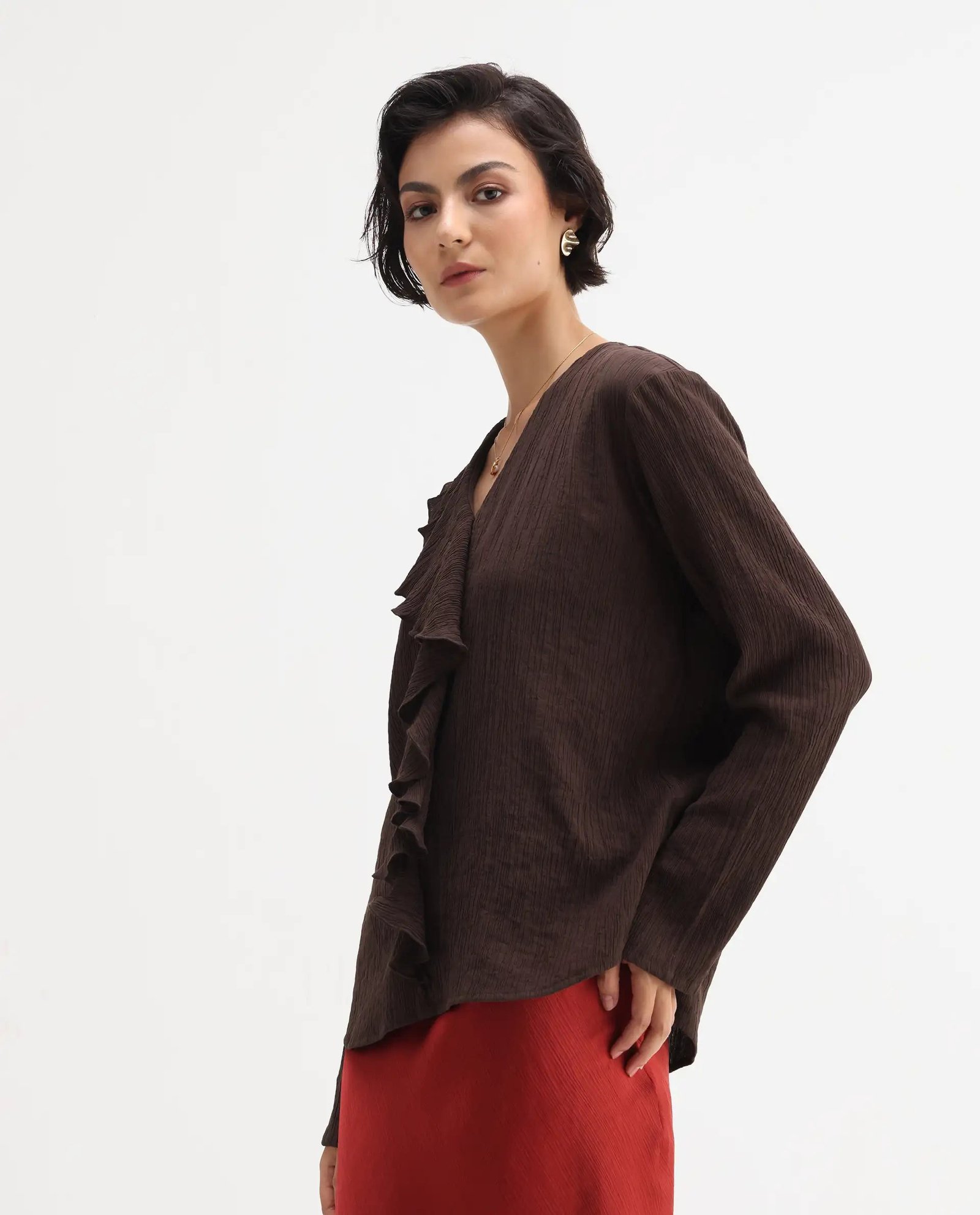 Rareism Women's Nemti-Brown Viscose Ruffled Neck Regular Fit Plain Top - Image 5