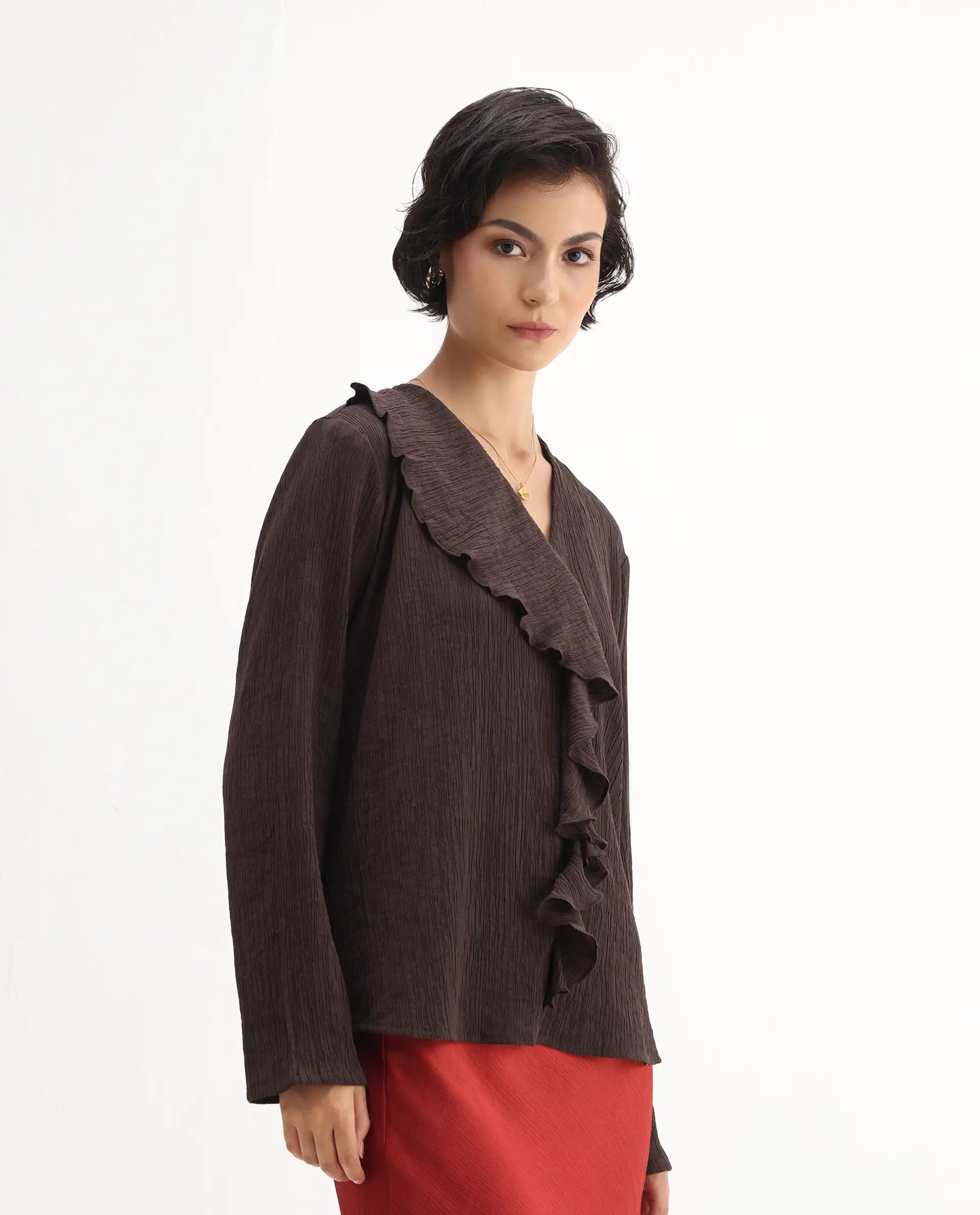 Rareism Women's Nemti-Brown Viscose Ruffled Neck Regular Fit Plain Top - Image 6