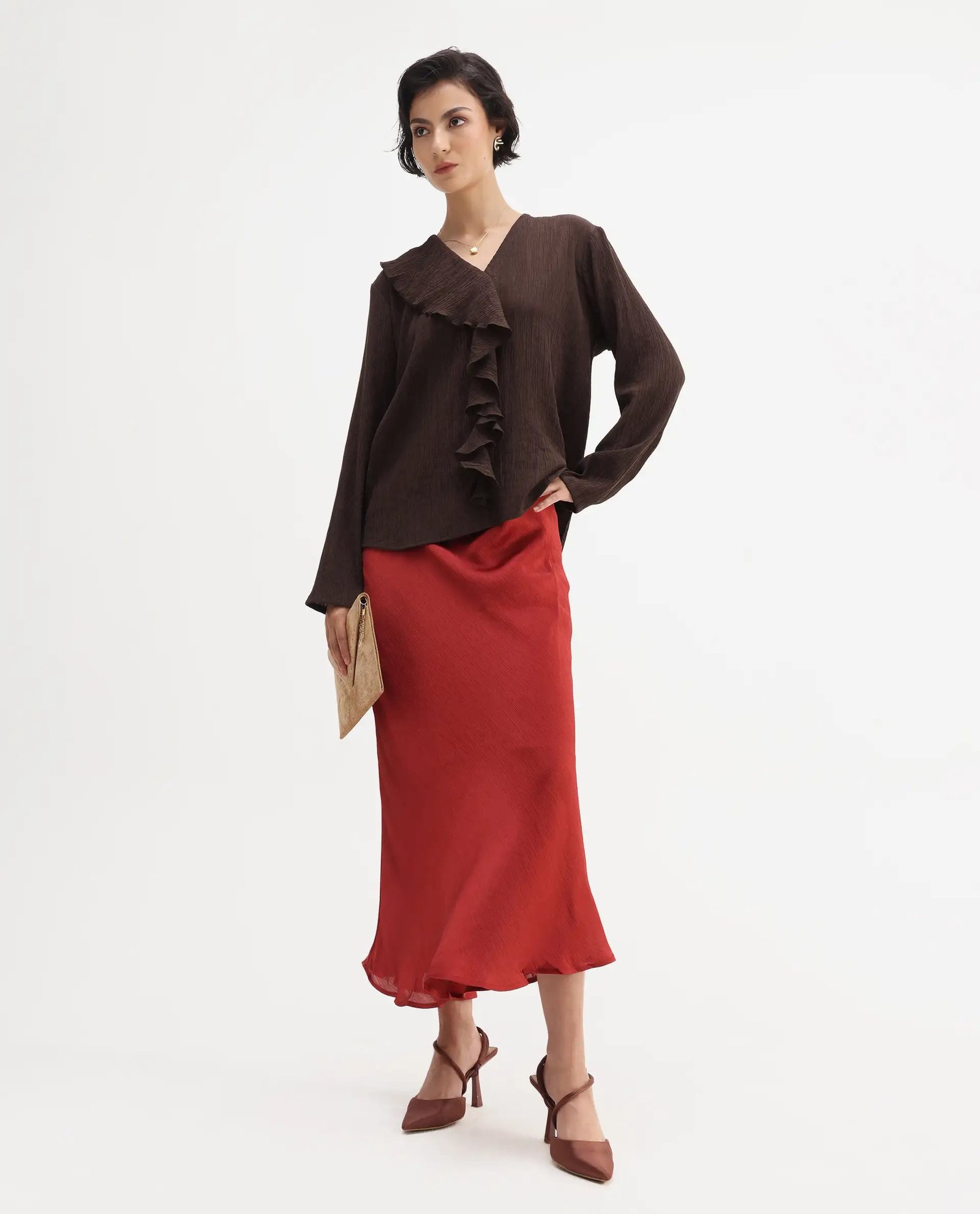 Rareism Women's Nemti-Brown Viscose Ruffled Neck Regular Fit Plain Top - Image 2