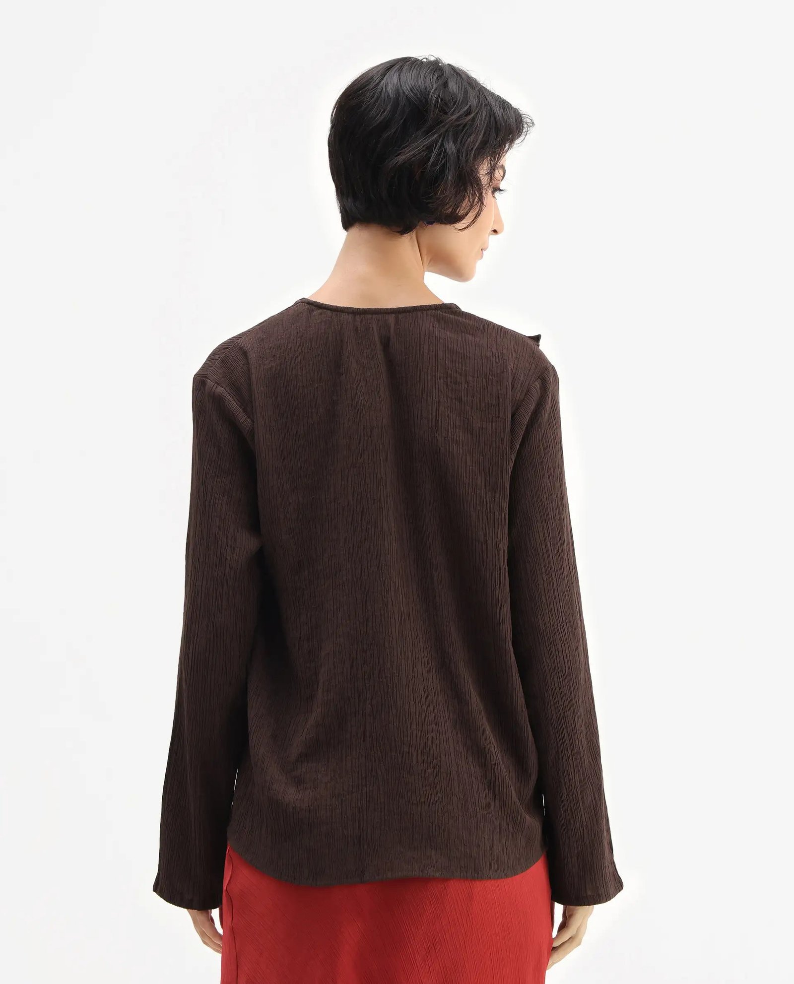 Rareism Women's Nemti-Brown Viscose Ruffled Neck Regular Fit Plain Top - Image 7