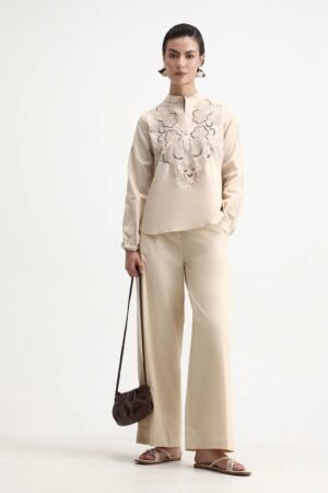 Rareism Women's Nucut-T Beige Cotton Mandarin Collar Regular Fit Top