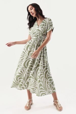 Rareism Women's Elean Olive Viscose Overlap Neck Flared Printed Midi Dress