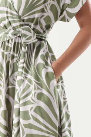 Rareism Women's Elean Olive Viscose Overlap Neck Flared Printed Midi Dress